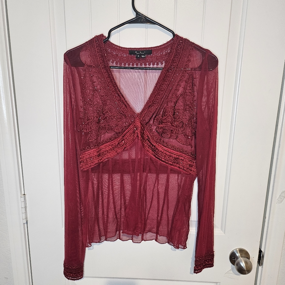 ECI New York Sheer Mesh Beaded Top Maroon Red Y2K Boho Cottagecore Size 8